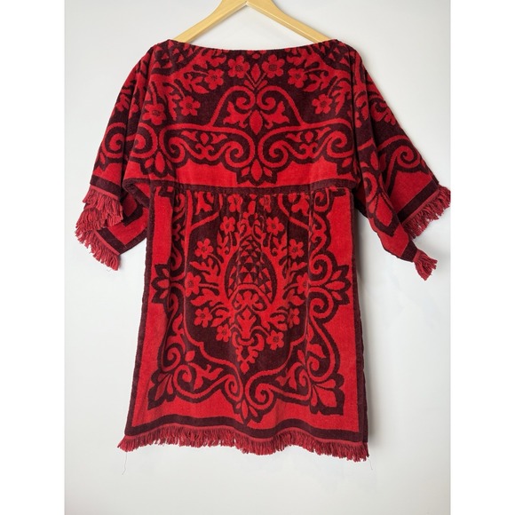 VTG Fieldcrest Sz M Towel Mini Dress Red & Burgundy Damask Pattern Fringe RARE - Picture 4 of 11